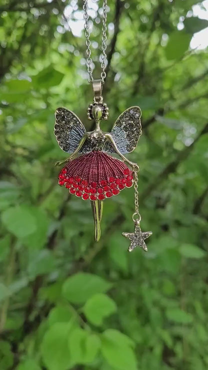 Silver Magical Fairy Ballerina Necklace in Red, Green or Blue