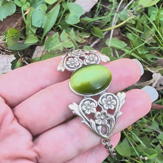Olivine Cats Eye Sterling Silver Floral Green Glass Victorian Fairy Boho Bracelet