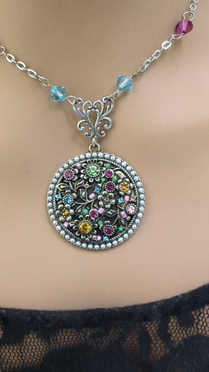 Nature Inspired Rainbow Crystal Medallion Necklace with Matching Accent Beads