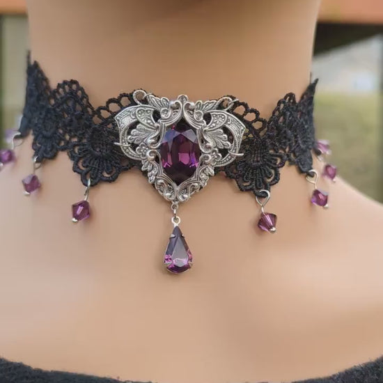 Vintage Amethyst Choker Necklace made with Swarovski Crystals, Gothic Jewelry, Dark Fantasy Necklace