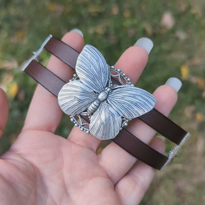 silver Butterfly bracelet on a brown leather strap