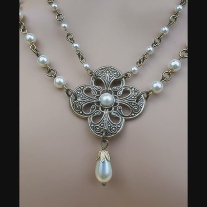 Handmade Vintage Brass Pearl Necklace and Earrings Set – Classic Bridal Jewelry