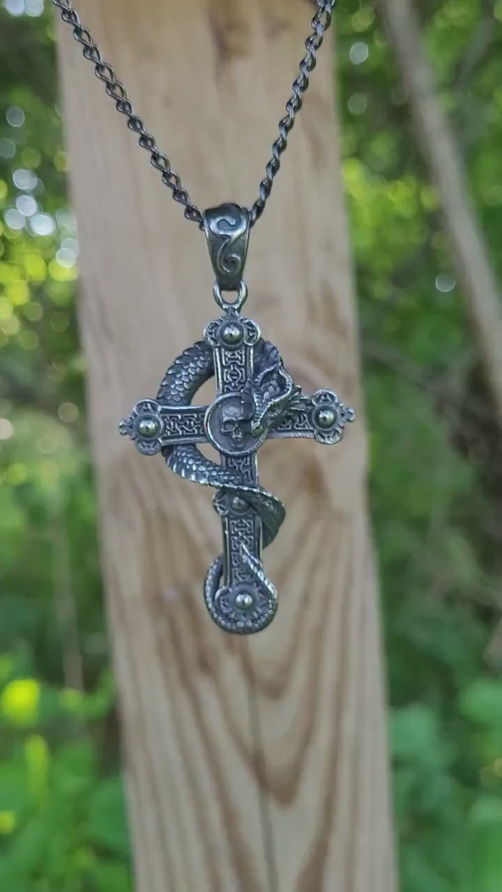 Gothic Skull Necklace on Cross with Dragon, Dragon Necklace, Gothic Jewelry