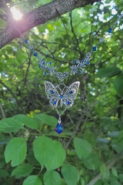 Vintage Silver Floral Butterfly Necklace with Blue Swarovski Crystals, Nature Inspired Victorian Jewelry