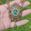 Victorian Baroque Vintage Style Brass Necklace made with Swarovski Emerald Green stone and pearl accents
