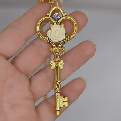 Gold Toned Fairy Tale Skeleton Key Necklace Featured in the Fantasy Book "The Girl Who Fell in the Rice Sack", Fantasy Jewelry