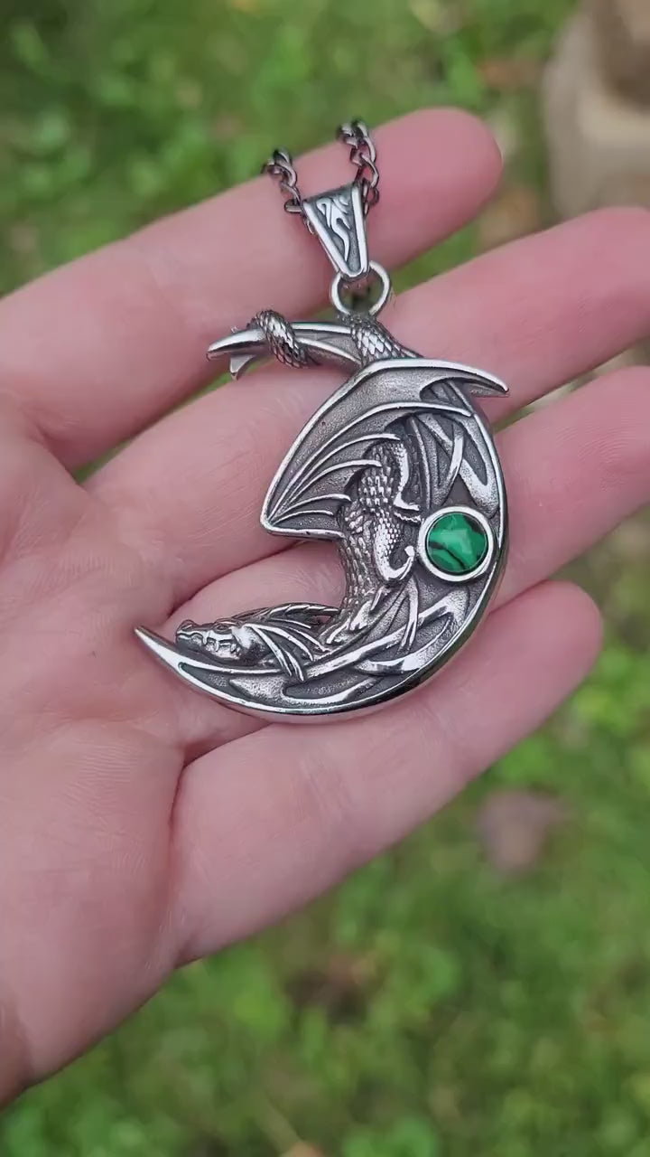 sleeping dragon on moon pendant necklace, dragon jewelry, fantasy jewelry
