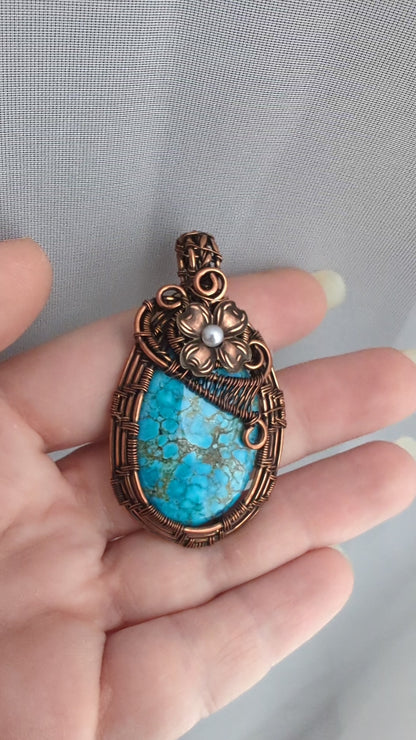Natural Turquoise Copper Wire Wrapped Stone Pendant Necklace with Flower, Turquoise Jewelry