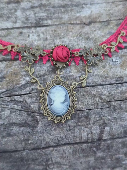 Victorian Red Rose Lace Cameo Choker Necklace, Gothic Jewelry