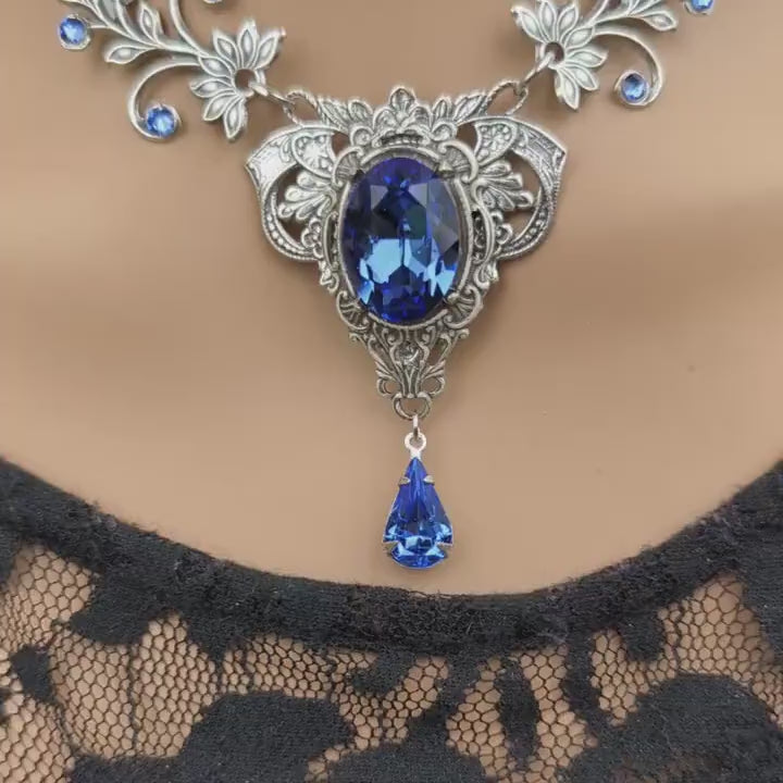 Vintage Sterling Silver Sapphire necklace Bridal jewelry made with Swarovski crystals. Wedding Jewelry Set. Bridal jewelry jewelry