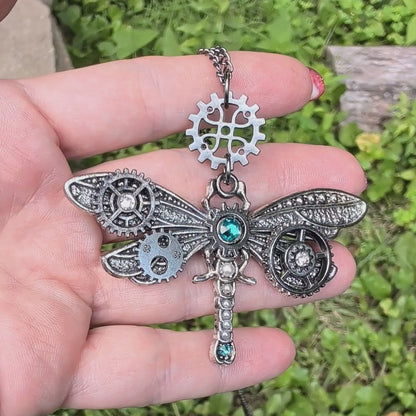 Steampunk Dragonfly Necklace | Mixed Metal Swarovski Crystal Jewelry