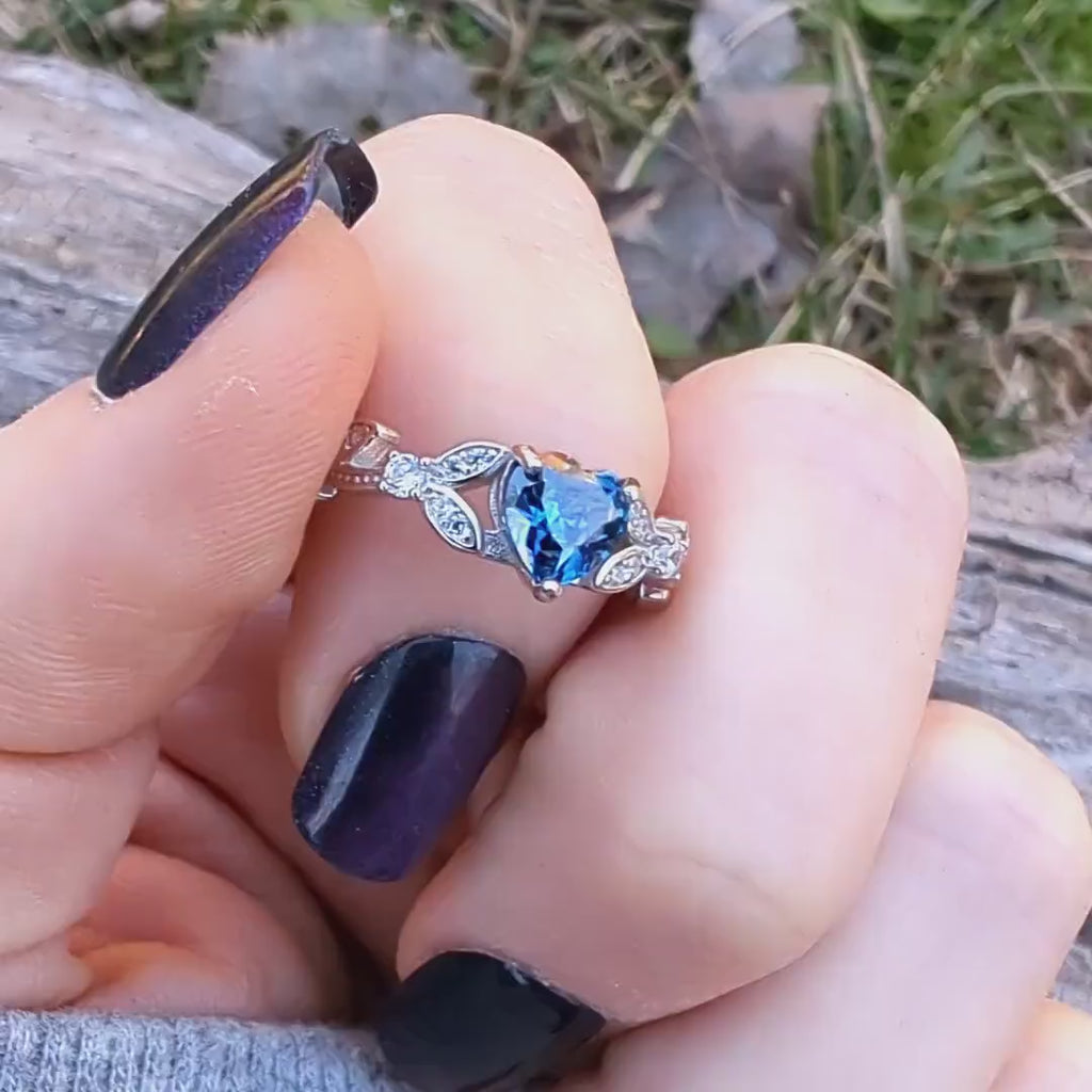Sapphire white gold heart shaped promise or engagement ring.  S925 solid sterling silver core.