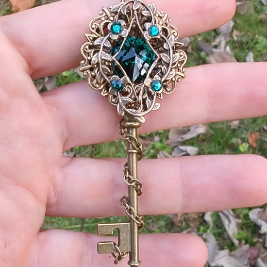 Bronze Elven Fantasy Key Necklace Jewelry made with Emerald Swarovski Crystals.