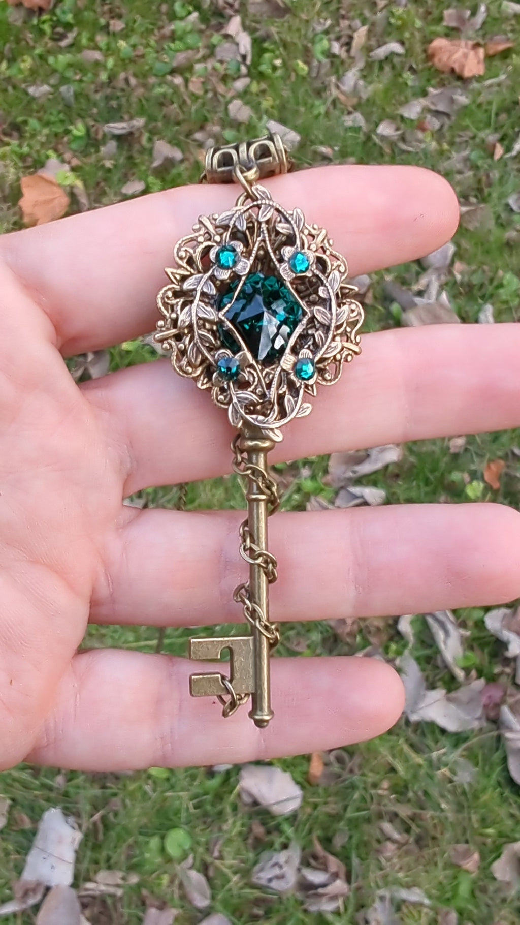 Bronze Elven Fantasy Key Necklace Jewelry made with Emerald Swarovski Crystals.