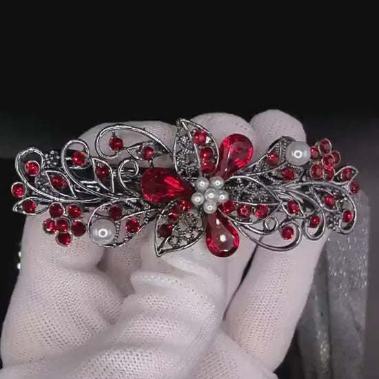 high quality Swarovski red floral crystal hair clips, bridal hair accessories, fancy hair barrettes, elven jewelry, vintage jewelry, hair barrettes for thick hair
