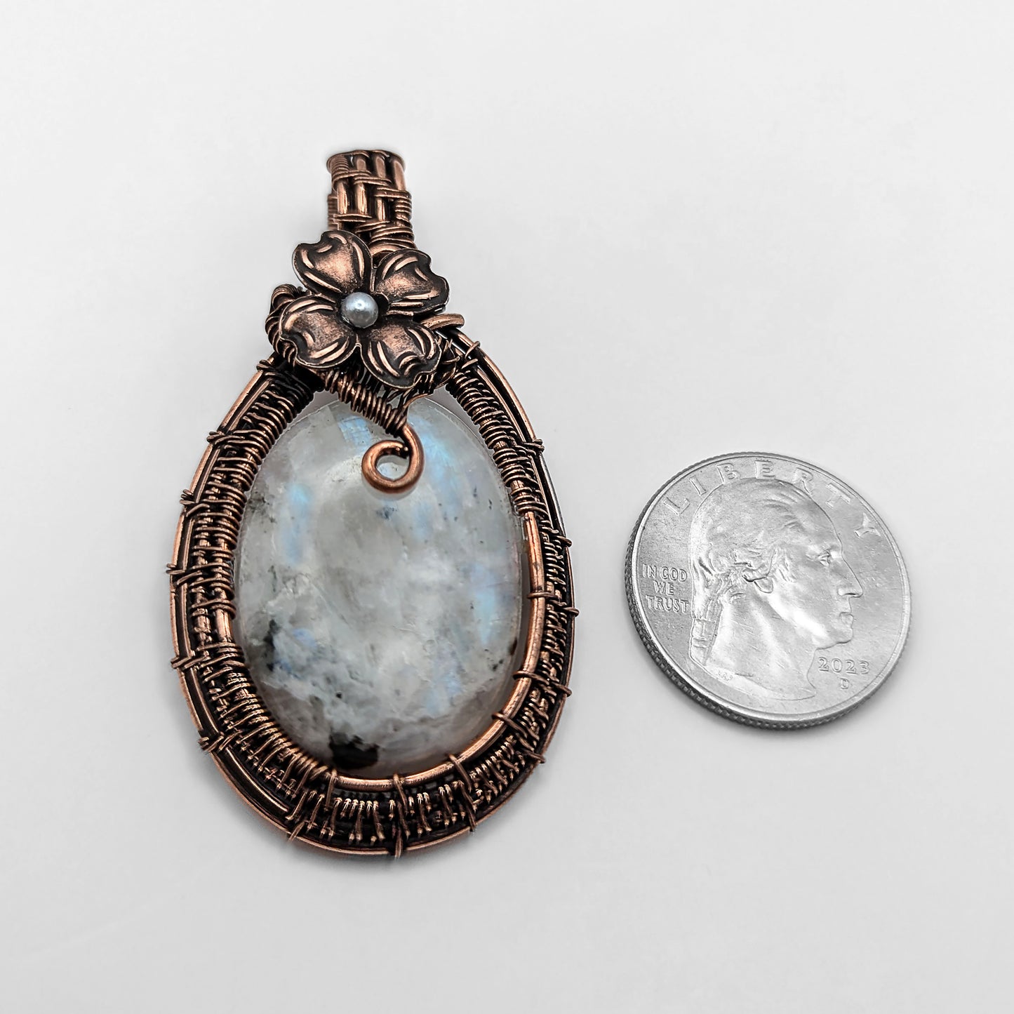 Wire Wrapped Natural Rainbow Moonstone Pendant Necklace with Flower Accent, Handmade Artisan Jewelry