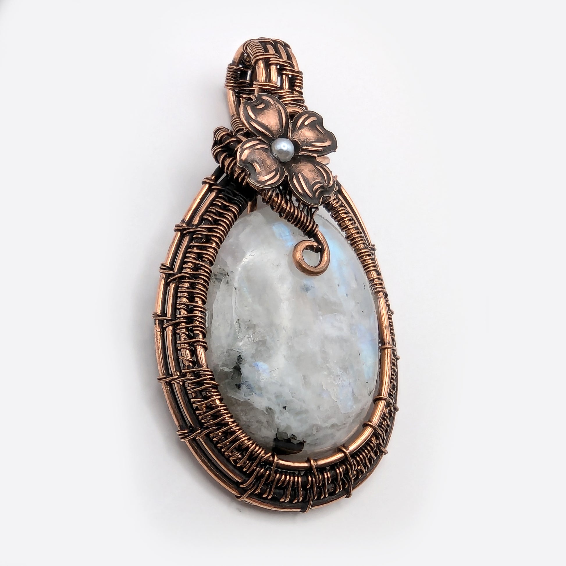 Wire Wrapped Natural Rainbow Moonstone Pendant Necklace with Flower Accent