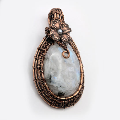 Wire Wrapped Natural Rainbow Moonstone Pendant Necklace with Flower Accent