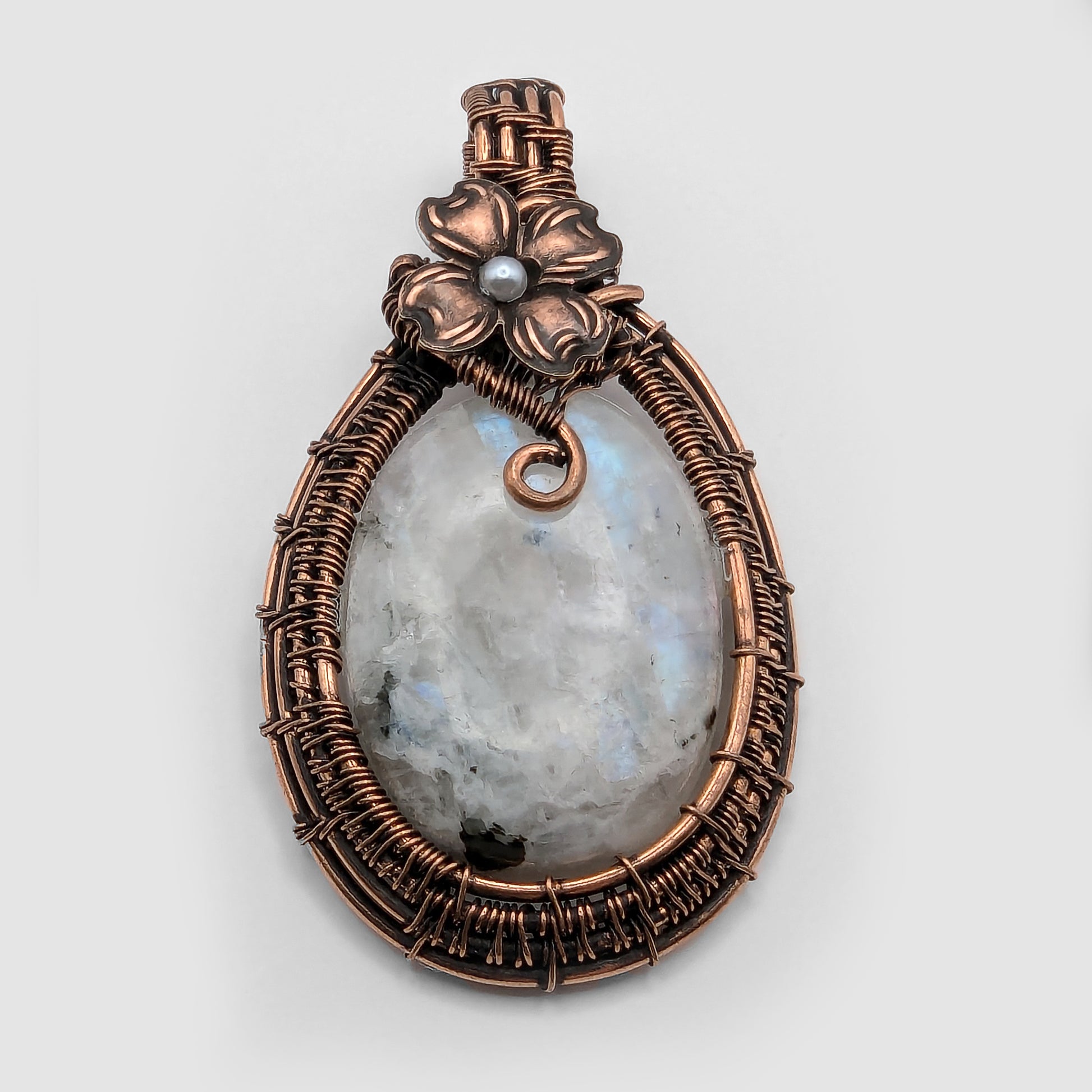 Wire Wrapped Natural Rainbow Moonstone Pendant Necklace with Flower Accent