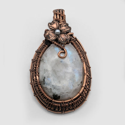 Wire Wrapped Natural Rainbow Moonstone Pendant Necklace with Flower Accent