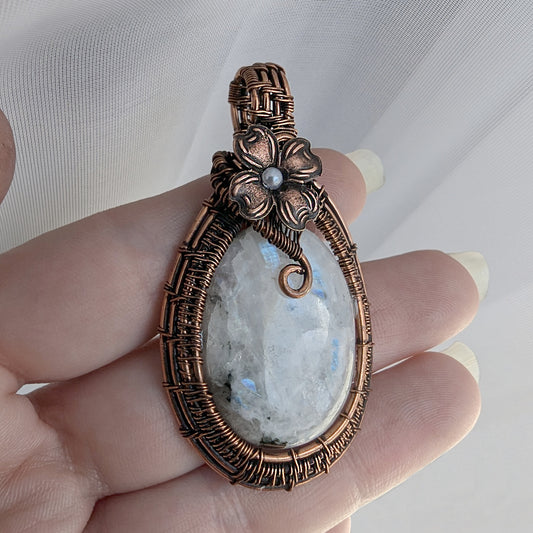 Wire Wrapped Natural Rainbow Moonstone Pendant Necklace with Flower Accent