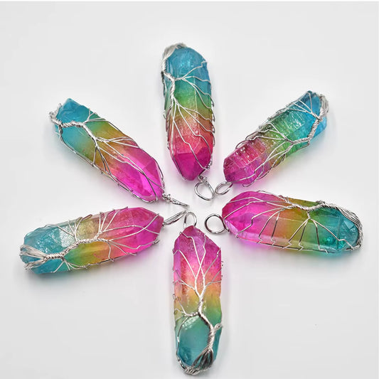 Rainbow quartz crystal tree of life pendant necklaced