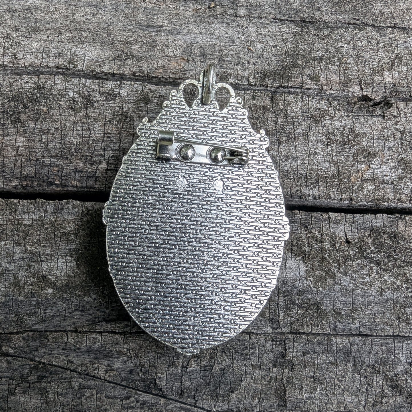 back side of cameo pendant displaying brooch pin