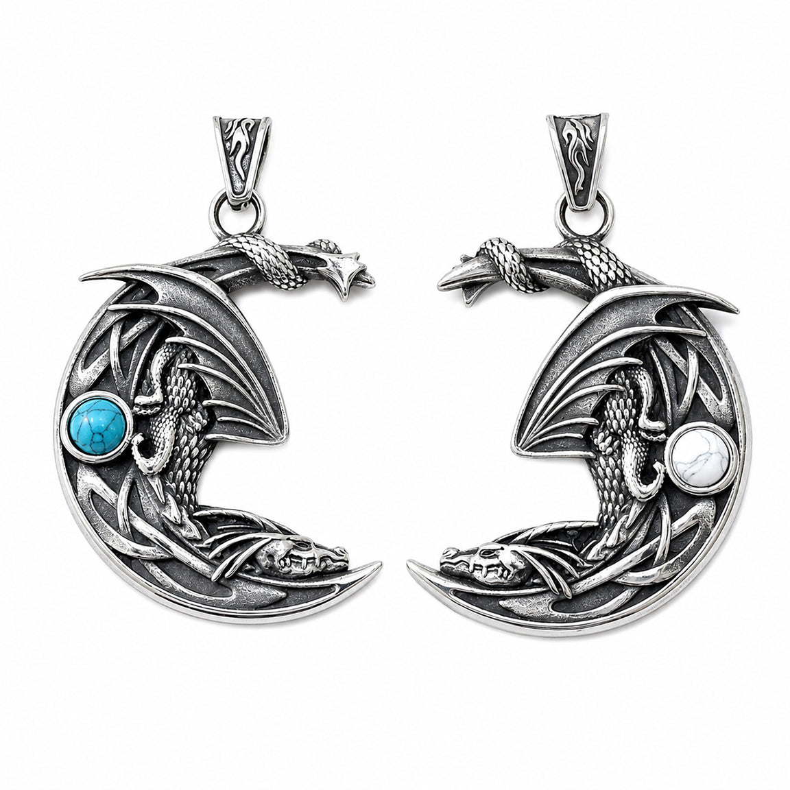 double sided silver dragon pendant on crescent moon designs with turquoise and white gemstones.  Dragon lover jewelry