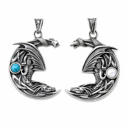 double sided silver dragon pendant on crescent moon designs with turquoise and white gemstones.  Dragon lover jewelry
