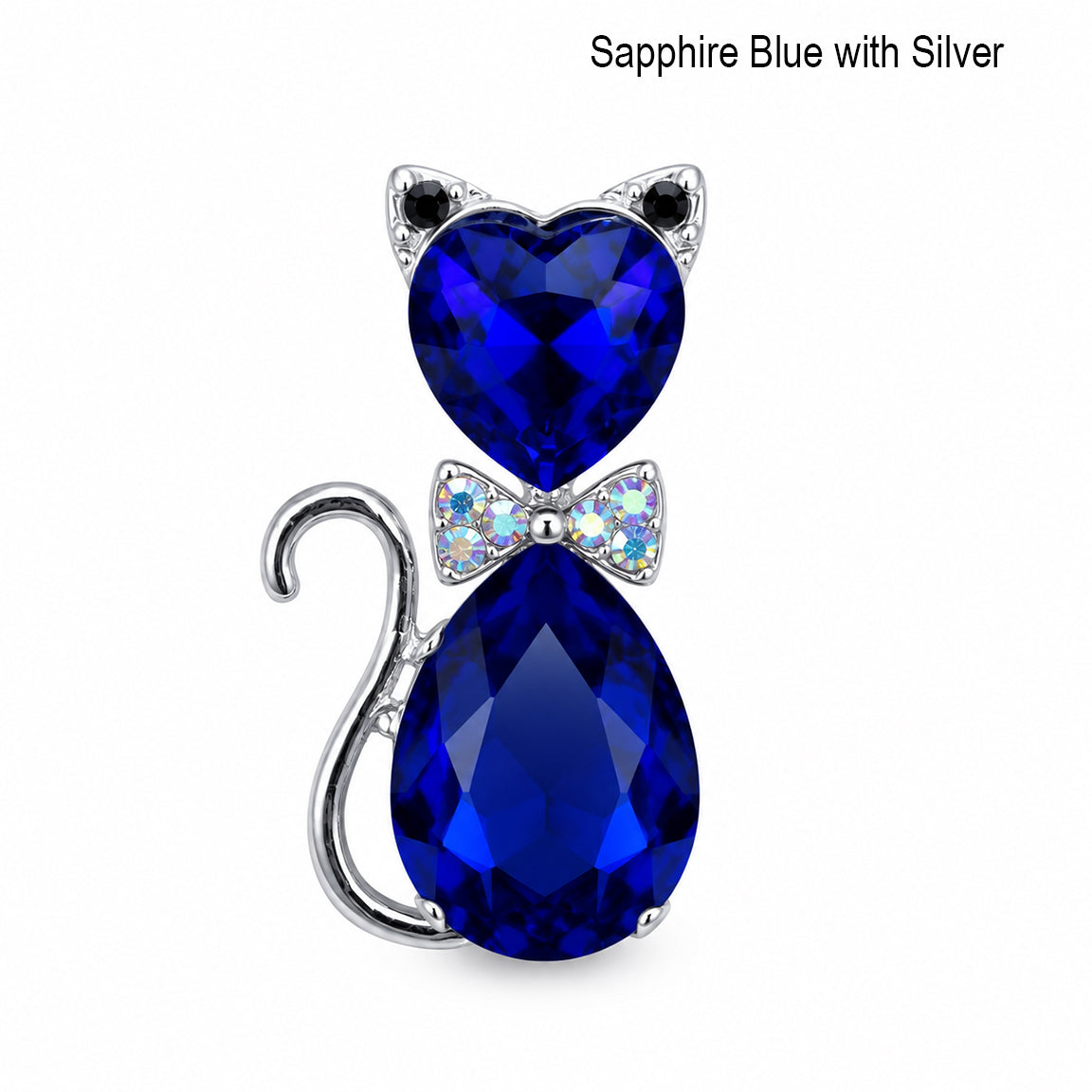 Sapphire blue crystal cat-shaped pendant with silver accents on a white background.  Cat jewelry