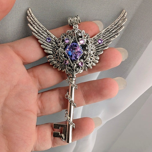 Silver Winged Key Necklace with Swarovski Crystal – Fantasy Fairycore Statement Jewelry