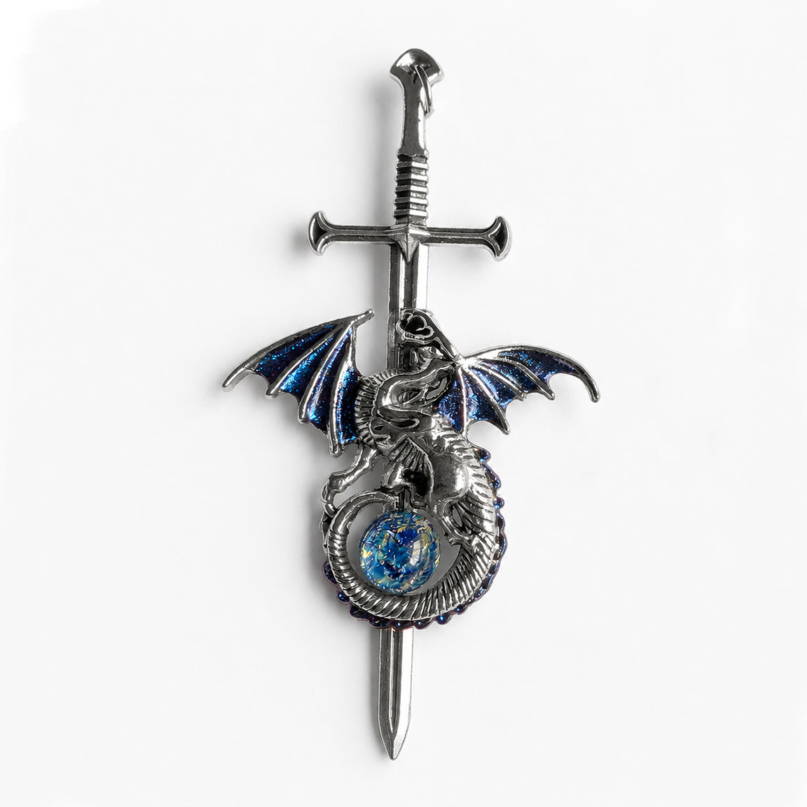 Decorative sword with a silver dragon pendant and blue opal on a white background.  Fantasy dragon lover jewelry.