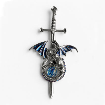 Decorative sword with a silver dragon pendant and blue opal on a white background.  Fantasy dragon lover jewelry.