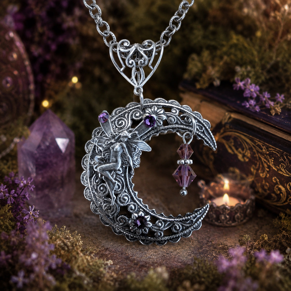 An ornate silver crescent moon pendant necklace with a fairy figure, purple Amethyst  Swarovski gemstone accents, and dangling beads, displayed in a mystical setting with moss, flowers, a crystal, and a candle.