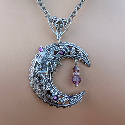 Gothic Fairy Moon Necklace | Amethyst Swarovski Crystal Pendant, Fantasy Jewelry