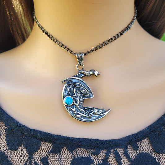 sleeping dragon on moon pendant necklace, dragon jewelry, fantasy jewelry