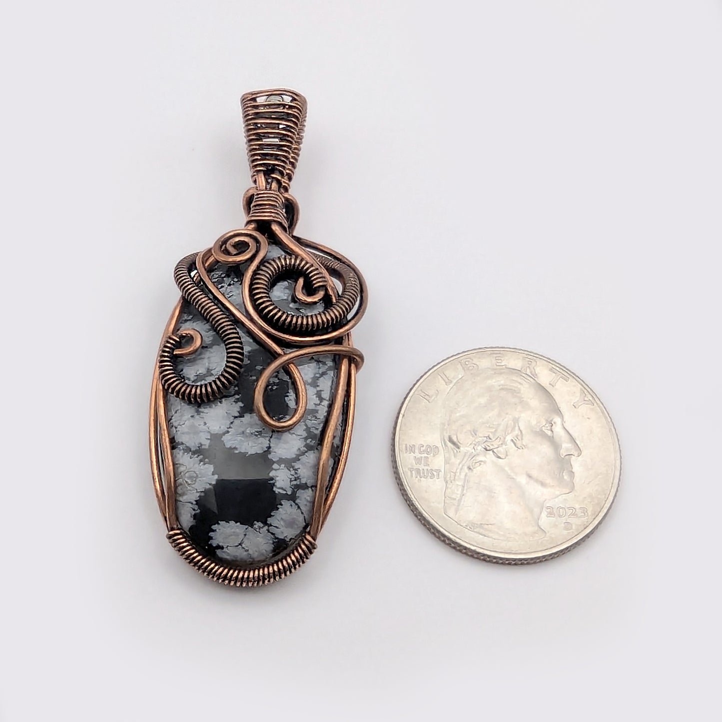 Snowflake Obsidian Stone Copper Wire Wrapped Pendant Necklace, Obsidian Jewelry, Obsidian Pendant