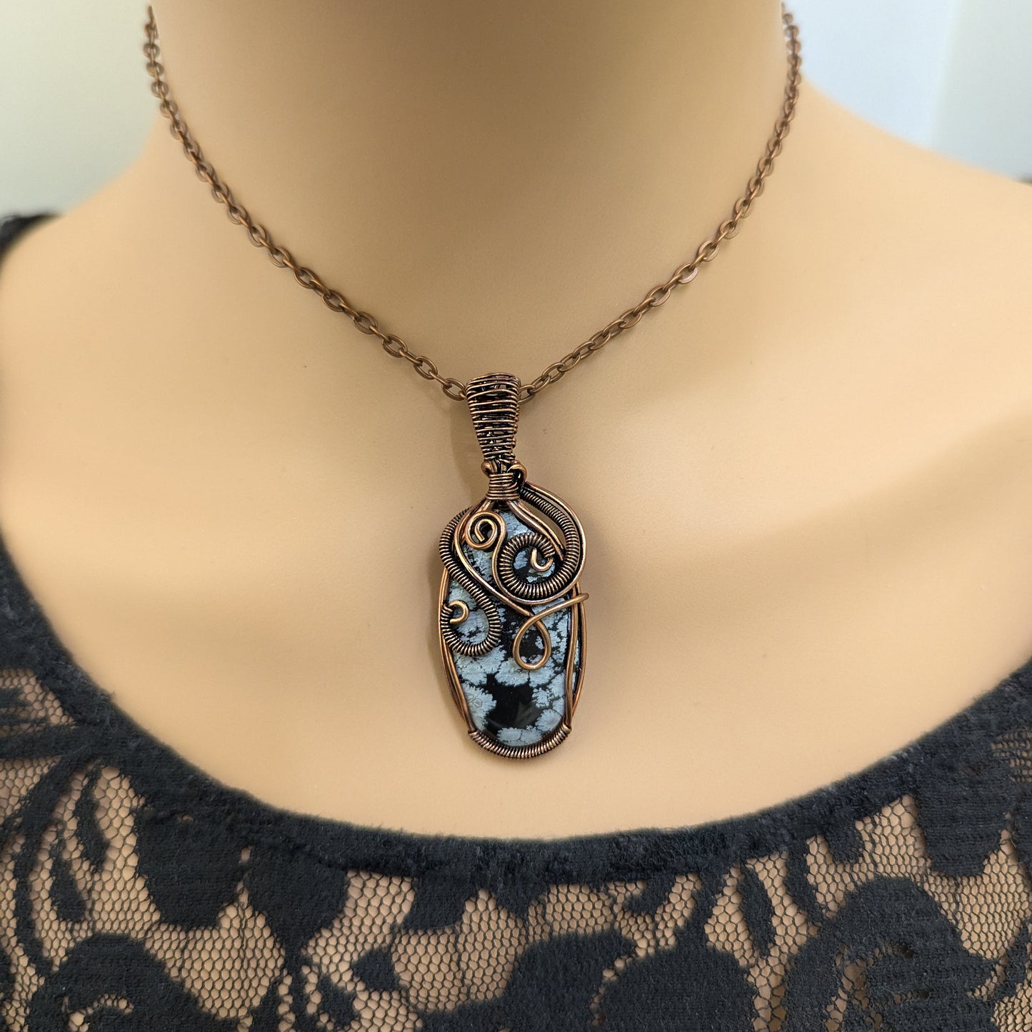Snowflake Obsidian Stone Copper Wire Wrapped Pendant Necklace, Obsidian Jewelry, Obsidian Pendant
