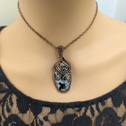 Snowflake Obsidian Stone Copper Wire Wrapped Pendant Necklace, Obsidian Jewelry, Obsidian Pendant