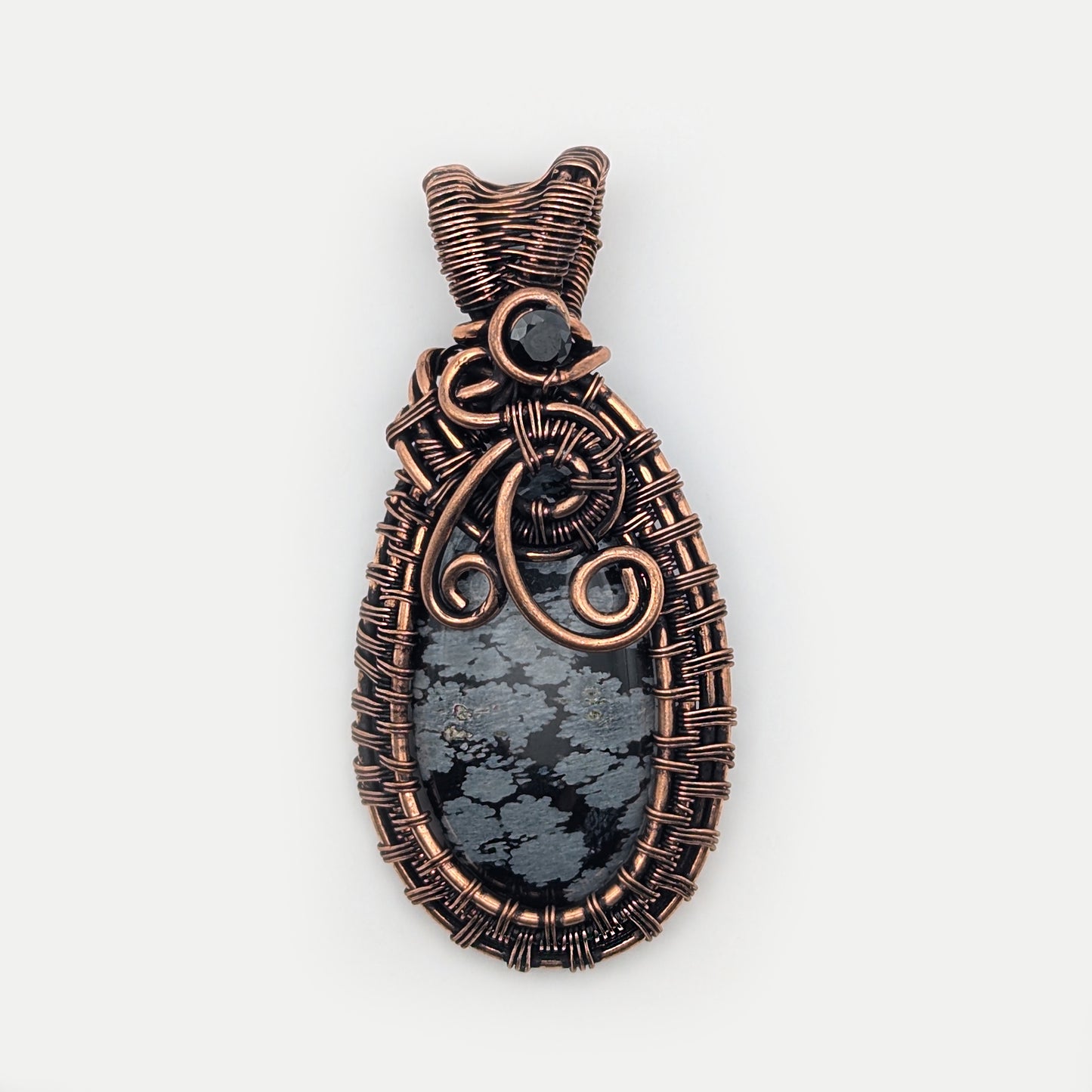 Snowflake Obsidian Stone Copper Wire Wrapped Pendant Necklace with black CZ accent, Obsidian Jewelry