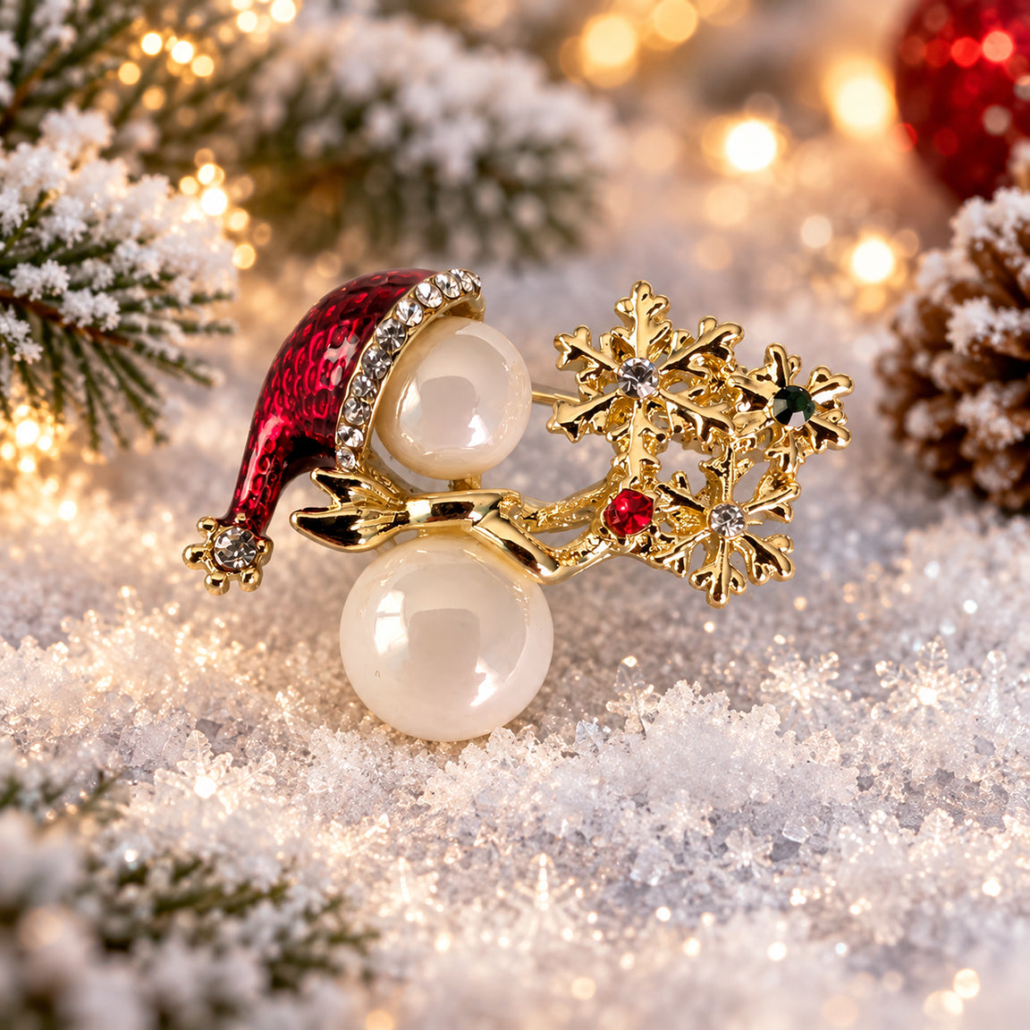 Snowman holding snowflakes with rhinestones holiday Christmas brooch
