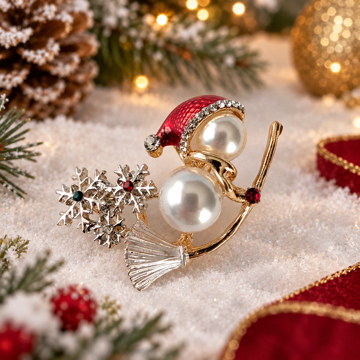 Snowman on broom holiday Christmas brooch