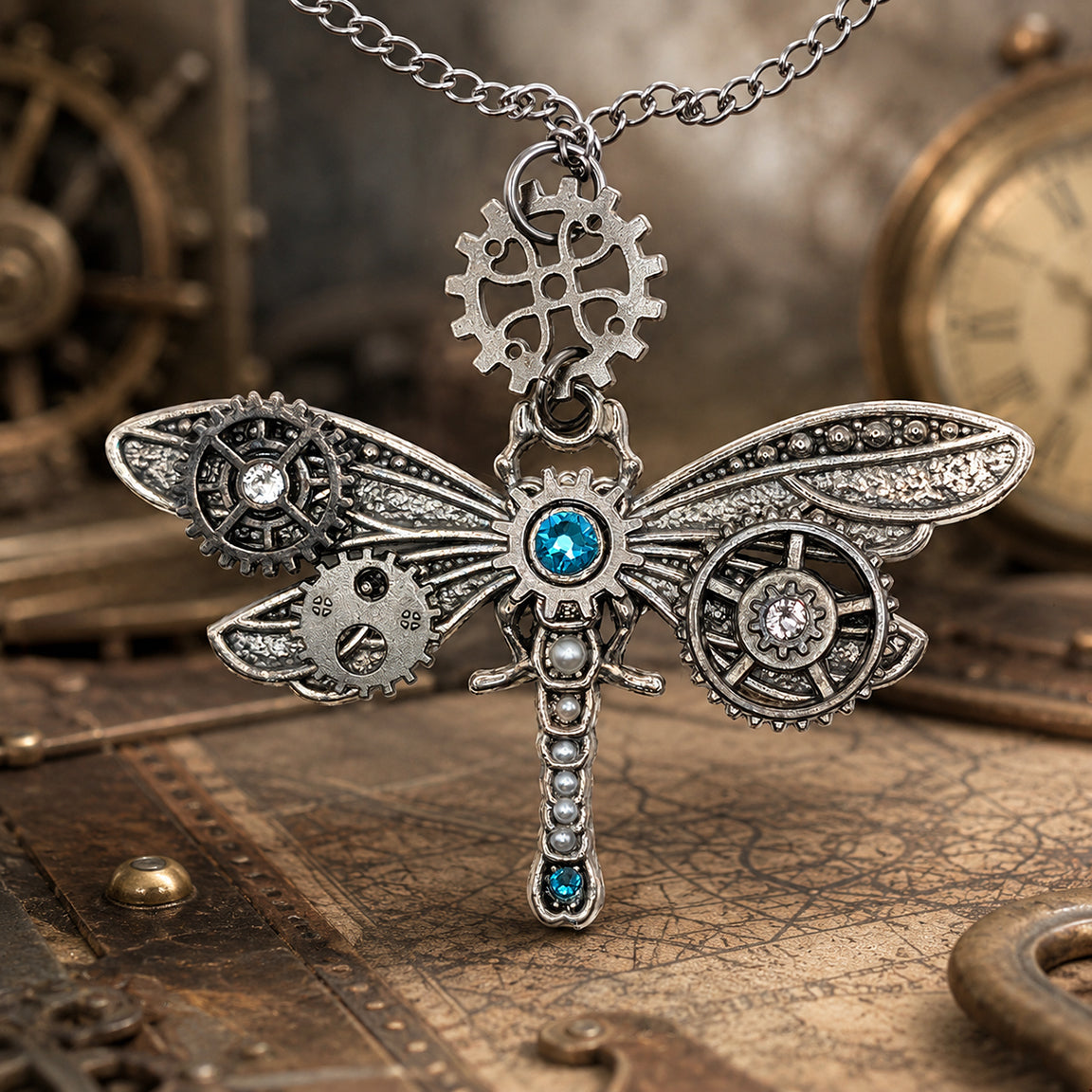 Steampunk dragonfly pendant necklace in silver-tone metal with intricate gear details and blue gemstone accents, shown hanging against a vintage-themed background.