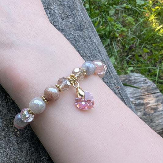 Natural Sunstone & Swarovski Crystal Bracelet with Pink Heart Charm