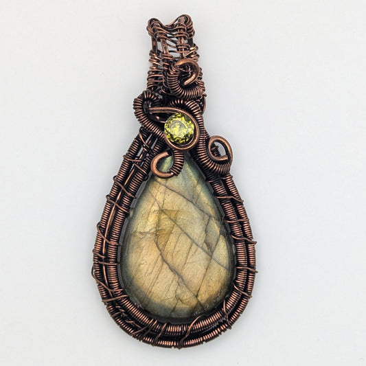 Labradorite Wire Wrapped Tear Drop Stone Pendant Necklace with CZ Crystal Accent, Labradorite Jewelry