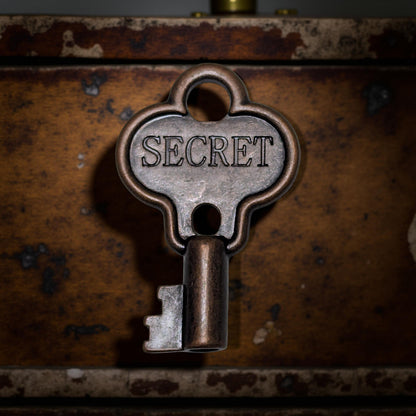 Vintage key with 'SECRET' engraved on a rusty surface