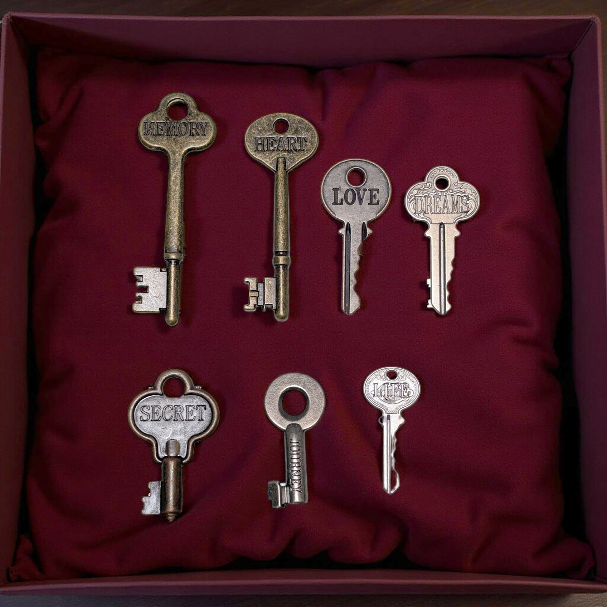 Set of decorative keys with inscriptions on a red fabric background