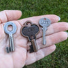 Three vintage-style keys held in a hand with grass in the background
