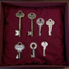 Set of decorative keys with inscriptions on a red fabric background