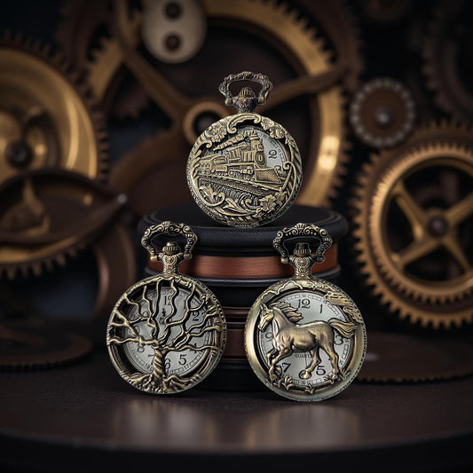 Three ornate pocket watches with intricate designs on a background of gears.